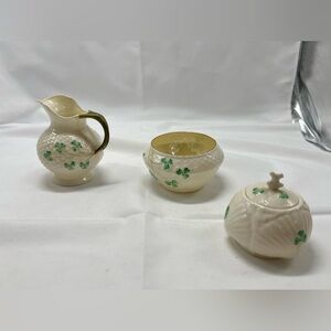 Belleek HARP SHAMROCK Clover Mustard Jar with Lid No Spoon, pitcher, & cup